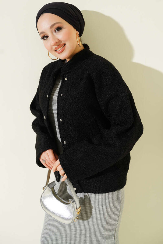 Çıtçıtlı Buklet Cepli Ceket Siyah