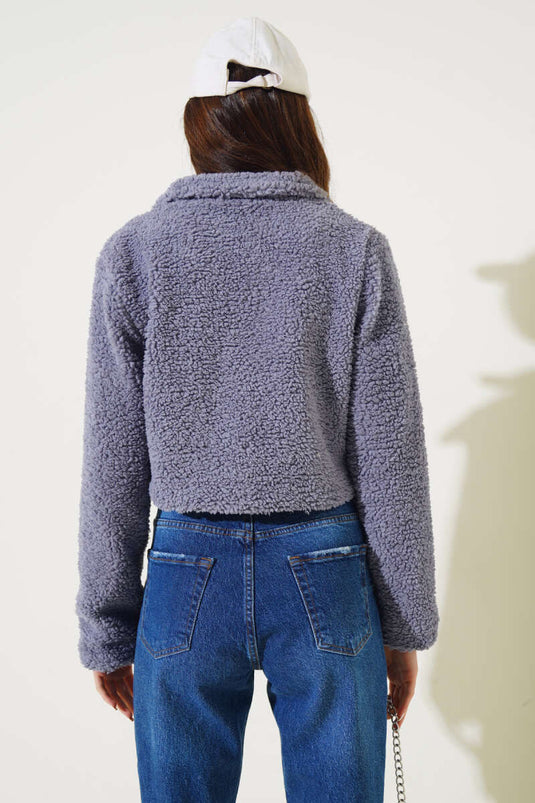 Veste courte en bouclette à poches à boutons-pression, lilas