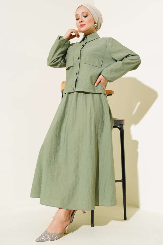 Snap-Front Skirted Parachute Two Piece Set, Algae Green