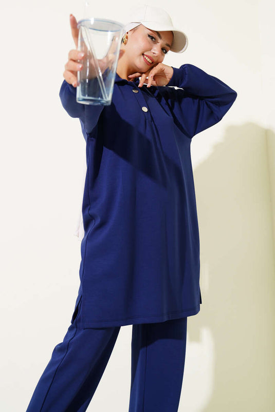 Snap-On Shirt Collar Two-Piece Suit Navy Blue