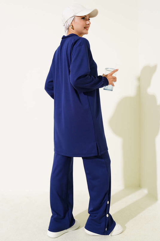 Snap-On Shirt Collar Two-Piece Suit Navy Blue