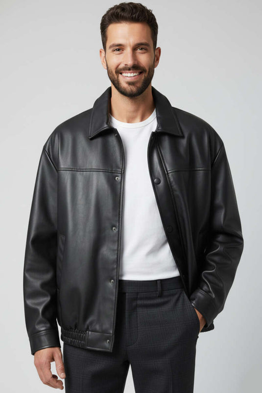Veste en cuir pour homme doublée polaire avec boutons-pression noire