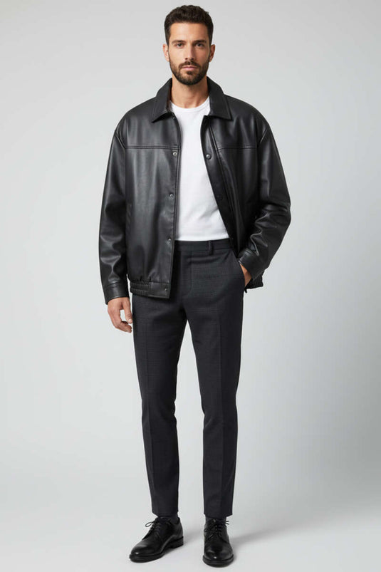 Veste en cuir pour homme doublée polaire avec boutons-pression noire