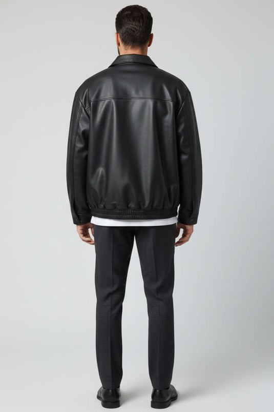 Veste en cuir pour homme doublée polaire avec boutons-pression noire