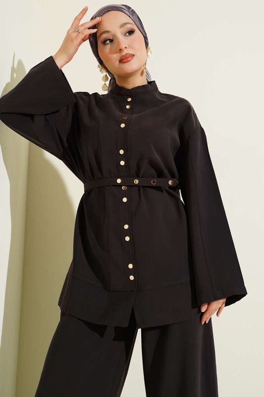 Snap Button Thin Belted Modal Two-Piece Set Bitter Coffee