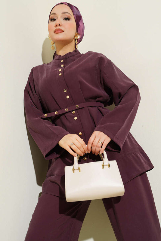 Snap Button Thin Belted Modal Two-Piece Set Plum