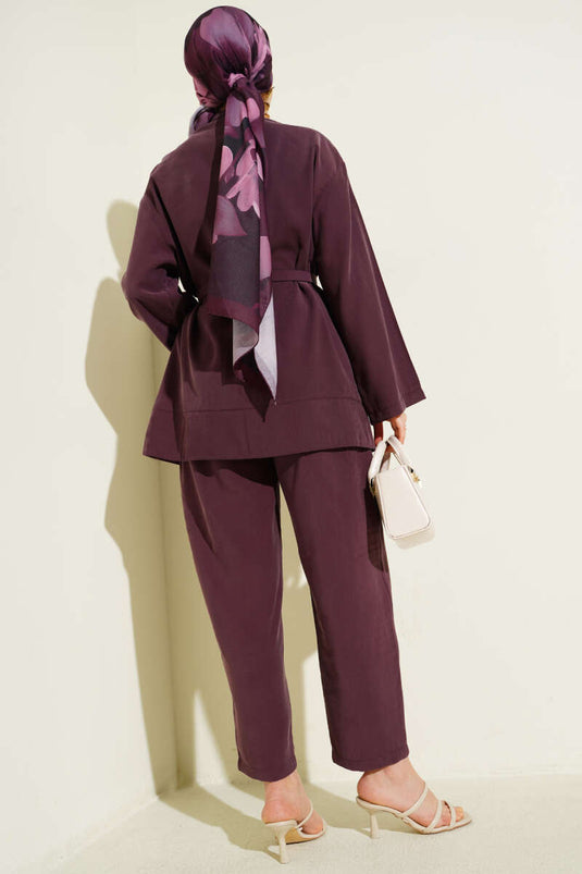 Snap Button Thin Belted Modal Two-Piece Set Plum