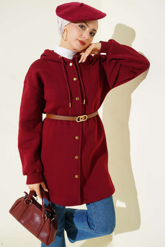 Çıtçıtlı Kemerli Üç İplik Hırka Bordo