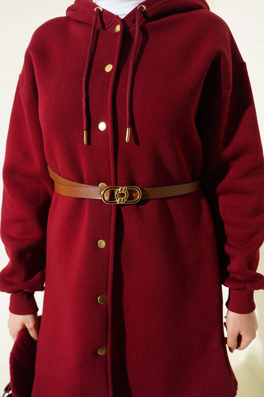 Çıtçıtlı Kemerli Üç İplik Hırka Bordo