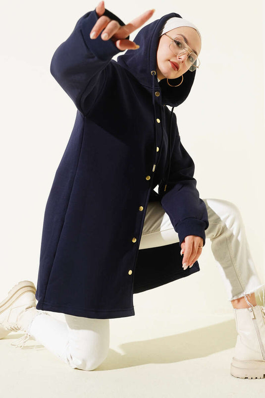 Cardigan à trois fils avec ceinture à boutons-pression Bleu marine