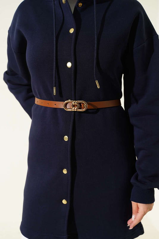 Cardigan à trois fils avec ceinture à boutons-pression Bleu marine