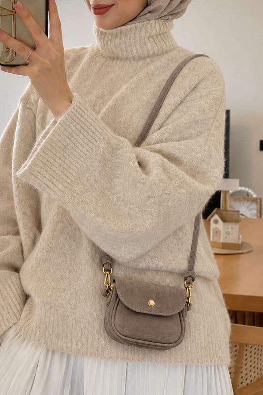 Sac Mini À Épaule En Faux Suède Beige Avec Pressions