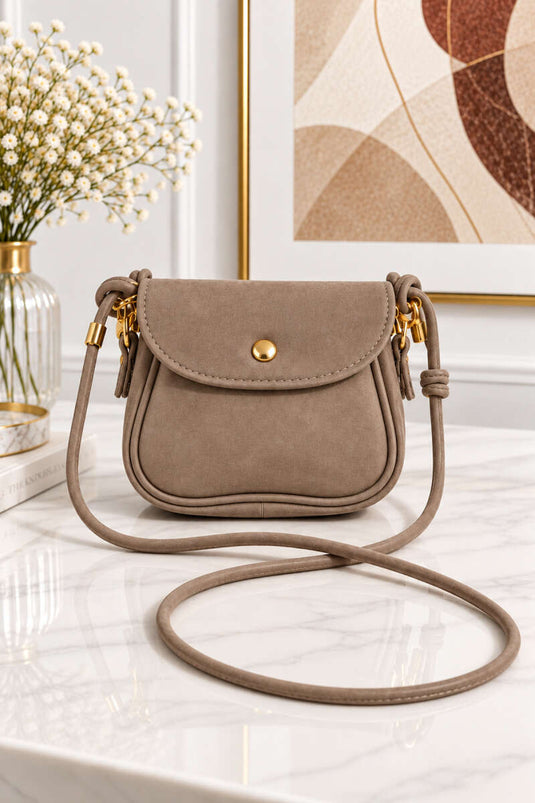 Sac Mini À Épaule En Faux Suède Beige Avec Pressions