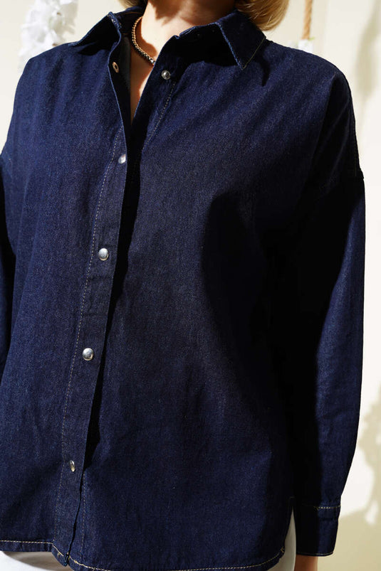 Chemise en jean à manches longues à boutons-pression bleu marine