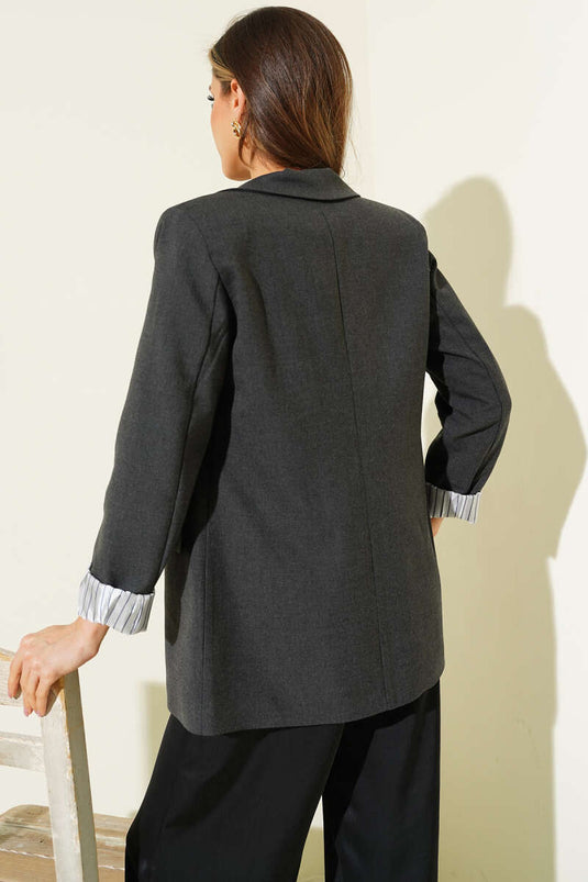 Striped Lined Buttoned Blazer Jacket Anthracite