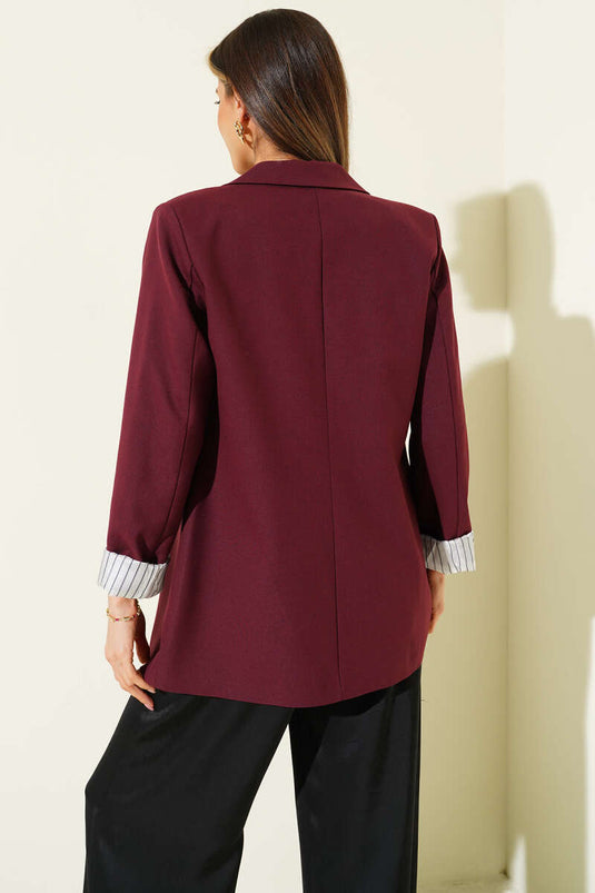 Striped Lined Buttoned Blazer Jacket Burgundy