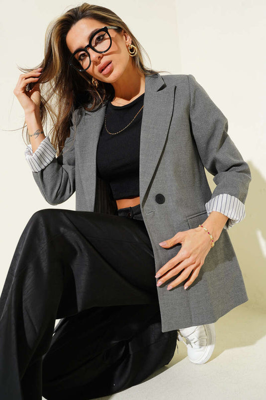 Striped Lined Buttoned Blazer Jacket Smoke Gray