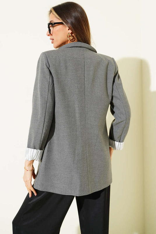 Striped Lined Buttoned Blazer Jacket Smoke Gray