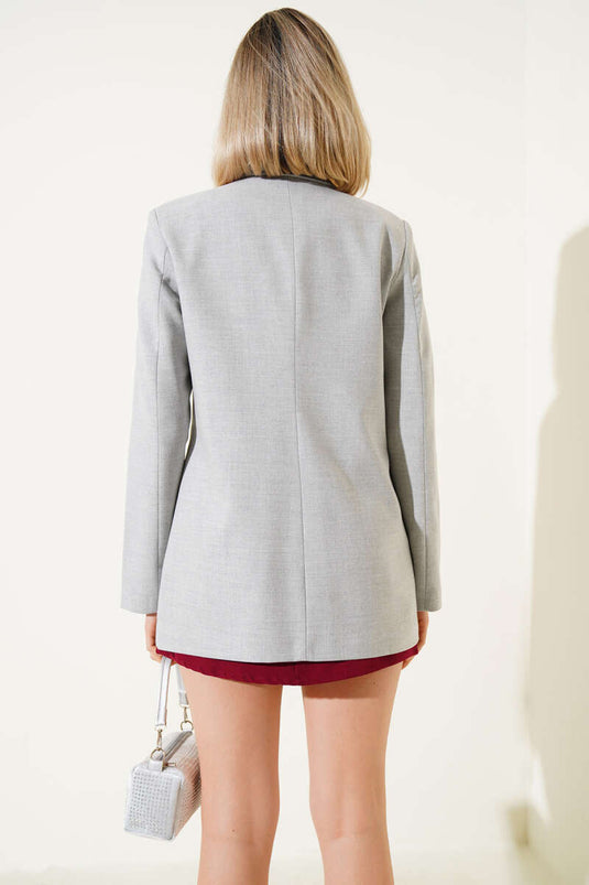 Çizgi Astarlı Düğmeli Blazer Ceket Gri
