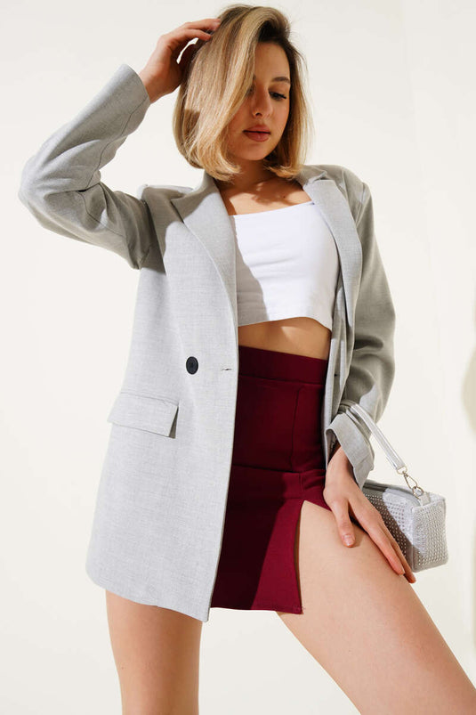 Çizgi Astarlı Düğmeli Blazer Ceket Gri