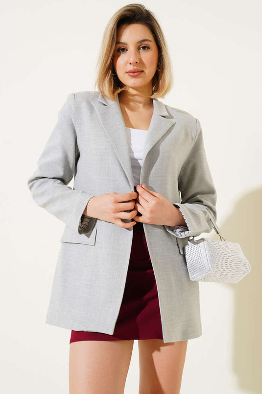 Çizgi Astarlı Düğmeli Blazer Ceket Gri