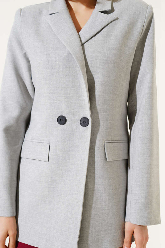 Çizgi Astarlı Düğmeli Blazer Ceket Gri
