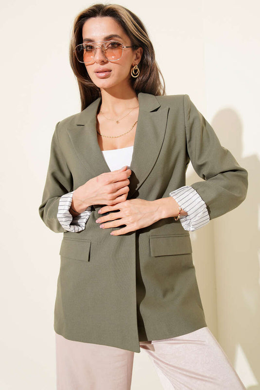Striped Lined Buttoned Blazer Jacket Khaki