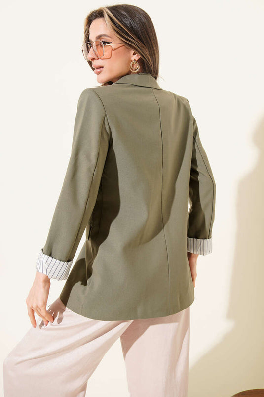Striped Lined Buttoned Blazer Jacket Khaki