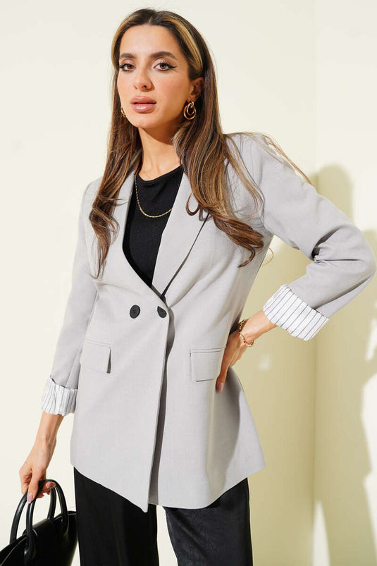 Striped Lined Buttoned Blazer Jacket Slate Gray