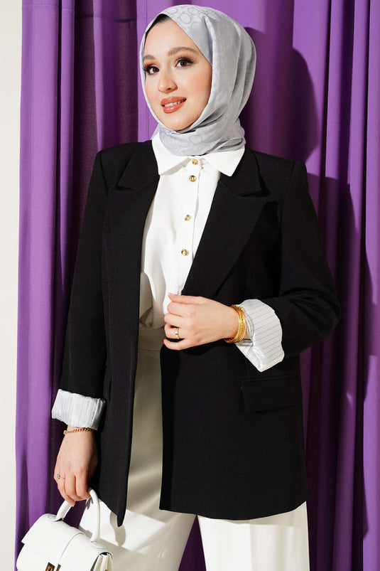 Striped Lined Cross-Over Collar Blazer Jacket Black