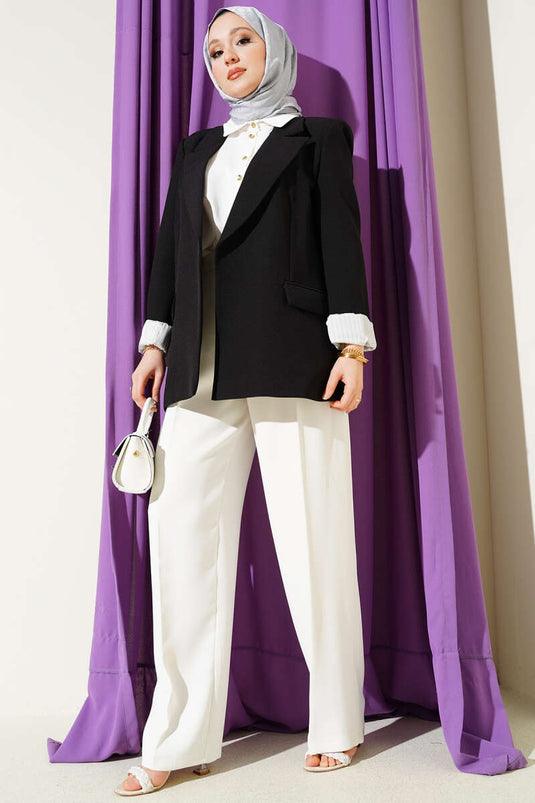 Striped Lined Cross-Over Collar Blazer Jacket Black