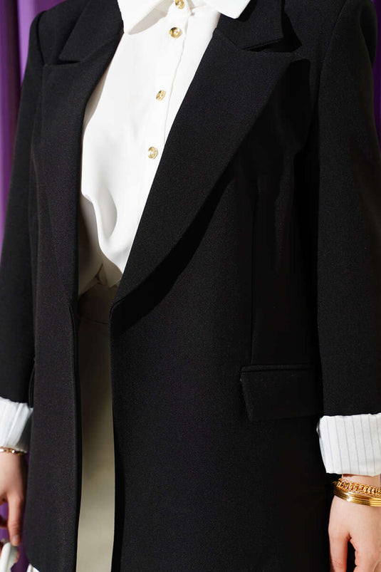 Striped Lined Cross-Over Collar Blazer Jacket Black