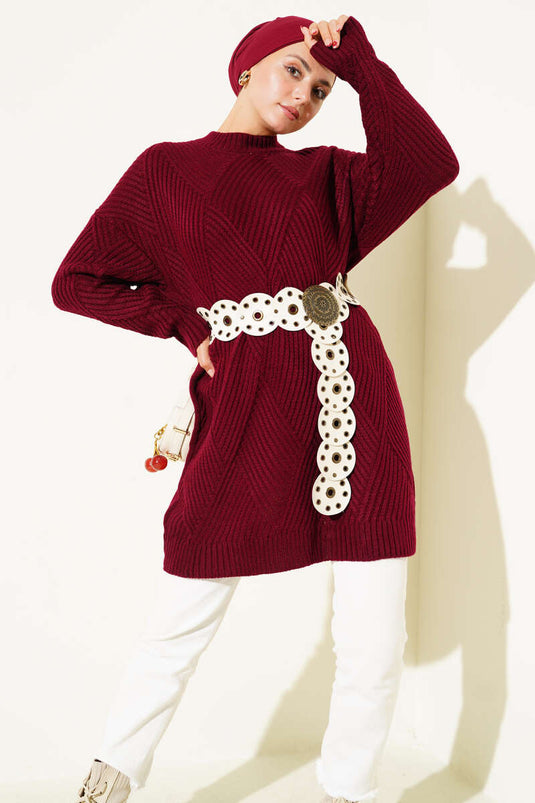 Striped Baklava Pattern Knit Tunic Burgundy