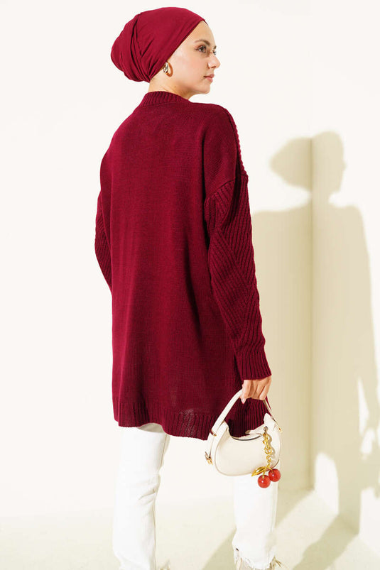 Striped Baklava Pattern Knit Tunic Burgundy