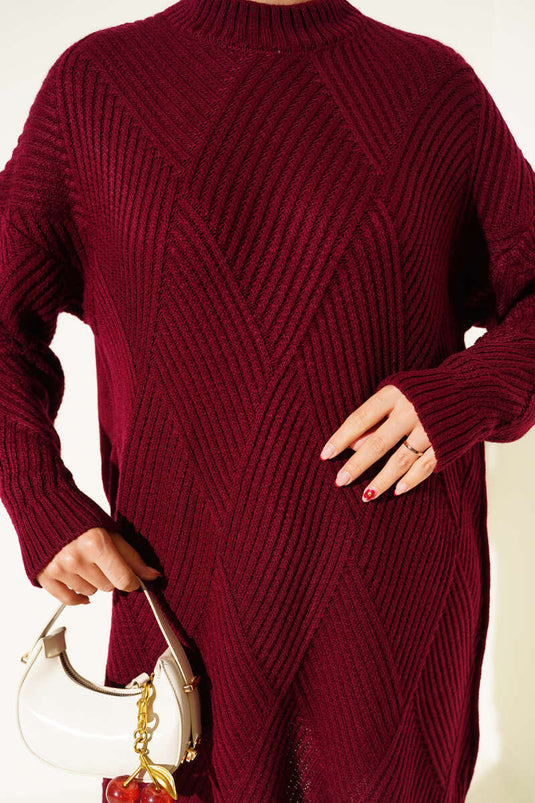 Striped Baklava Pattern Knit Tunic Burgundy