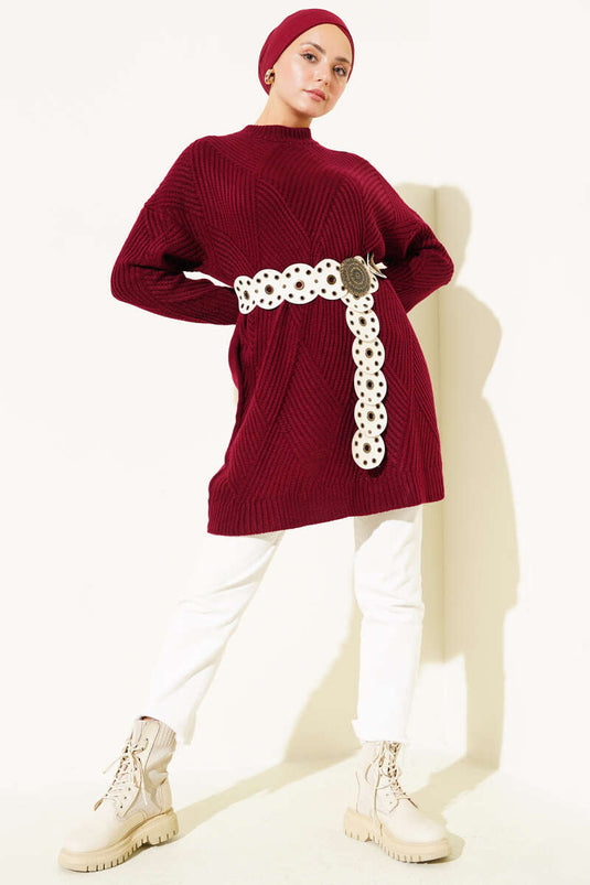 Çizgi Baklava Desen Triko Tunik Bordo