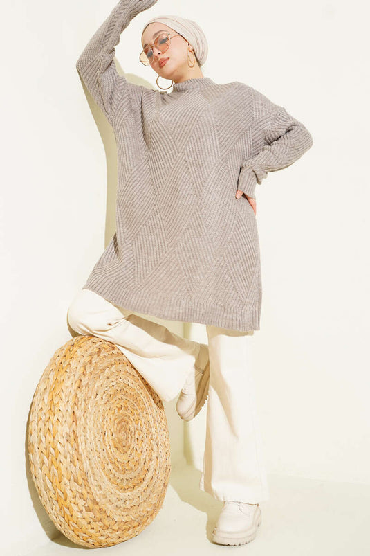 Çizgi Baklava Desen Triko Tunik Bronz