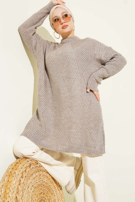 Çizgi Baklava Desen Triko Tunik Bronz