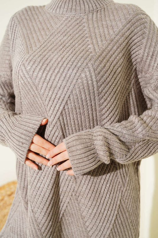 Çizgi Baklava Desen Triko Tunik Bronz