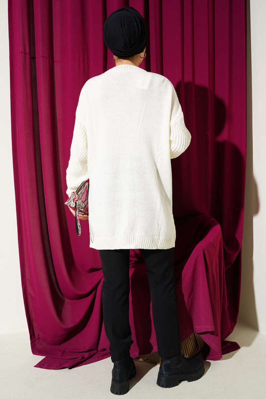 Çizgi Baklava Desen Triko Tunik Ekru