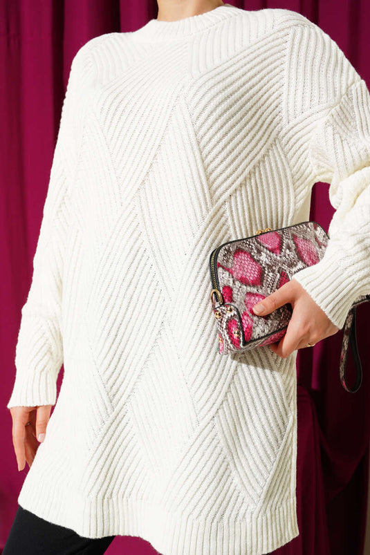 Striped Diamond Pattern Knitwear Tunic Ecru