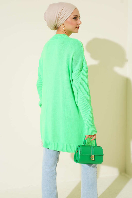 Çizgi Baklava Desen Triko Tunik Fıstık Yeşili