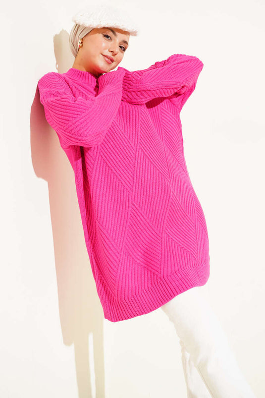 Çizgi Baklava Desen Triko Tunik Fusya