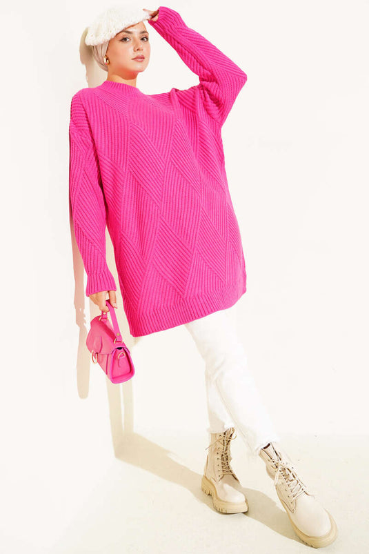 Çizgi Baklava Desen Triko Tunik Fusya