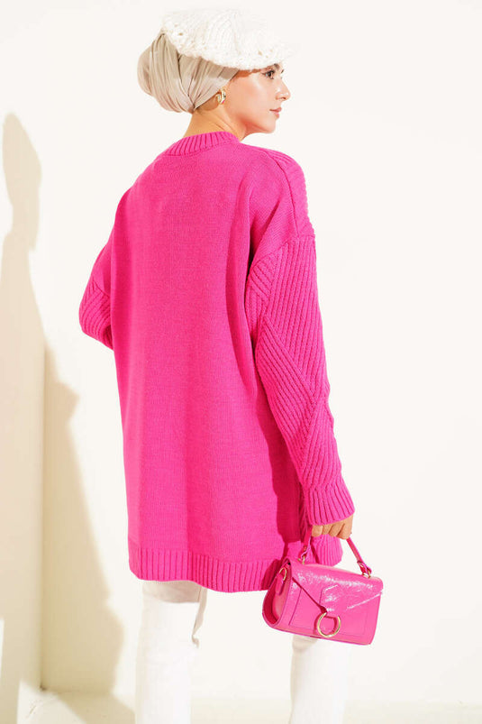 Çizgi Baklava Desen Triko Tunik Fusya