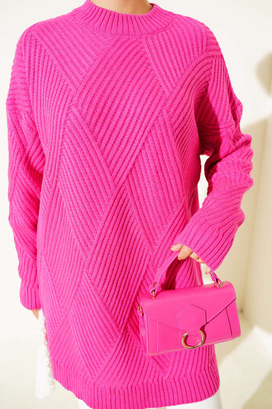 Çizgi Baklava Desen Triko Tunik Fusya