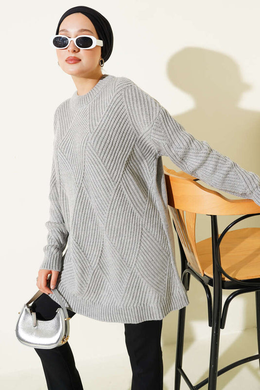 Çizgi Baklava Desen Triko Tunik Gri