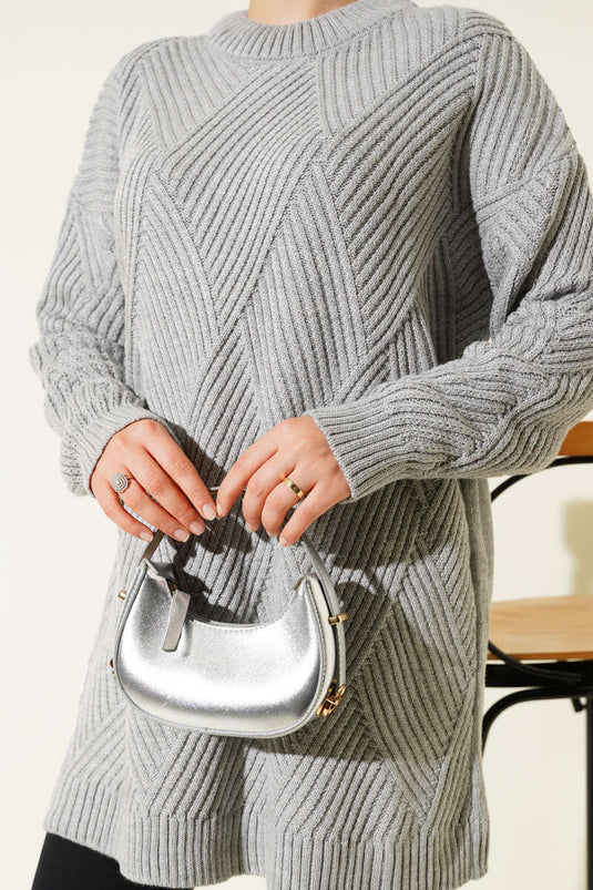 Çizgi Baklava Desen Triko Tunik Gri