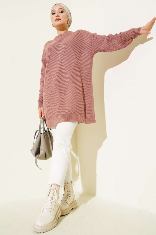 Tunique en tricot à rayures et motifs diamants Rose poudré