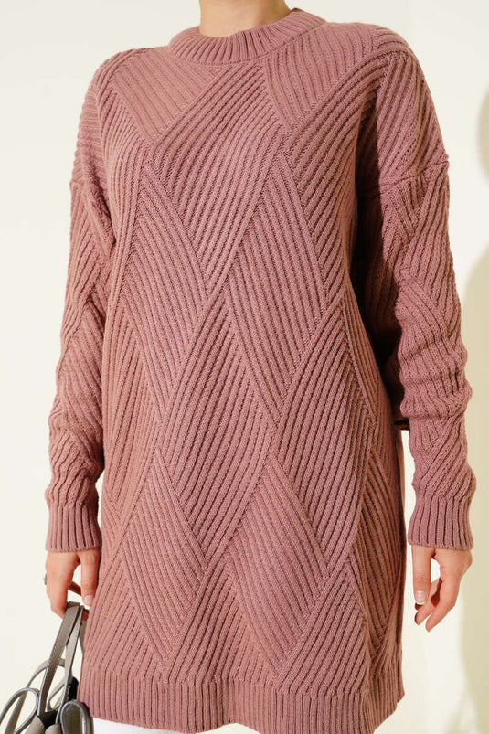 Tunica in maglia con motivo a rombi a righe rosa antico